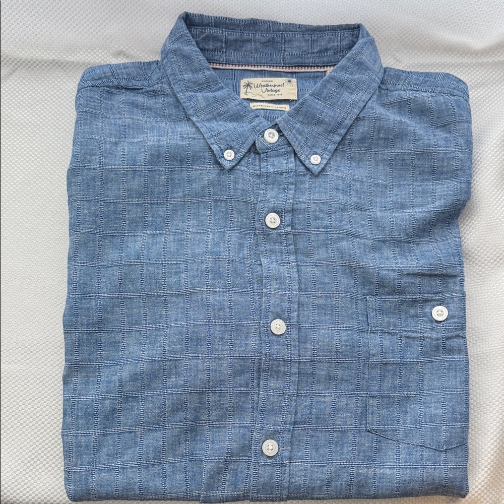Weatherproof Vintage Men's Blue Checkered Linen Shirt